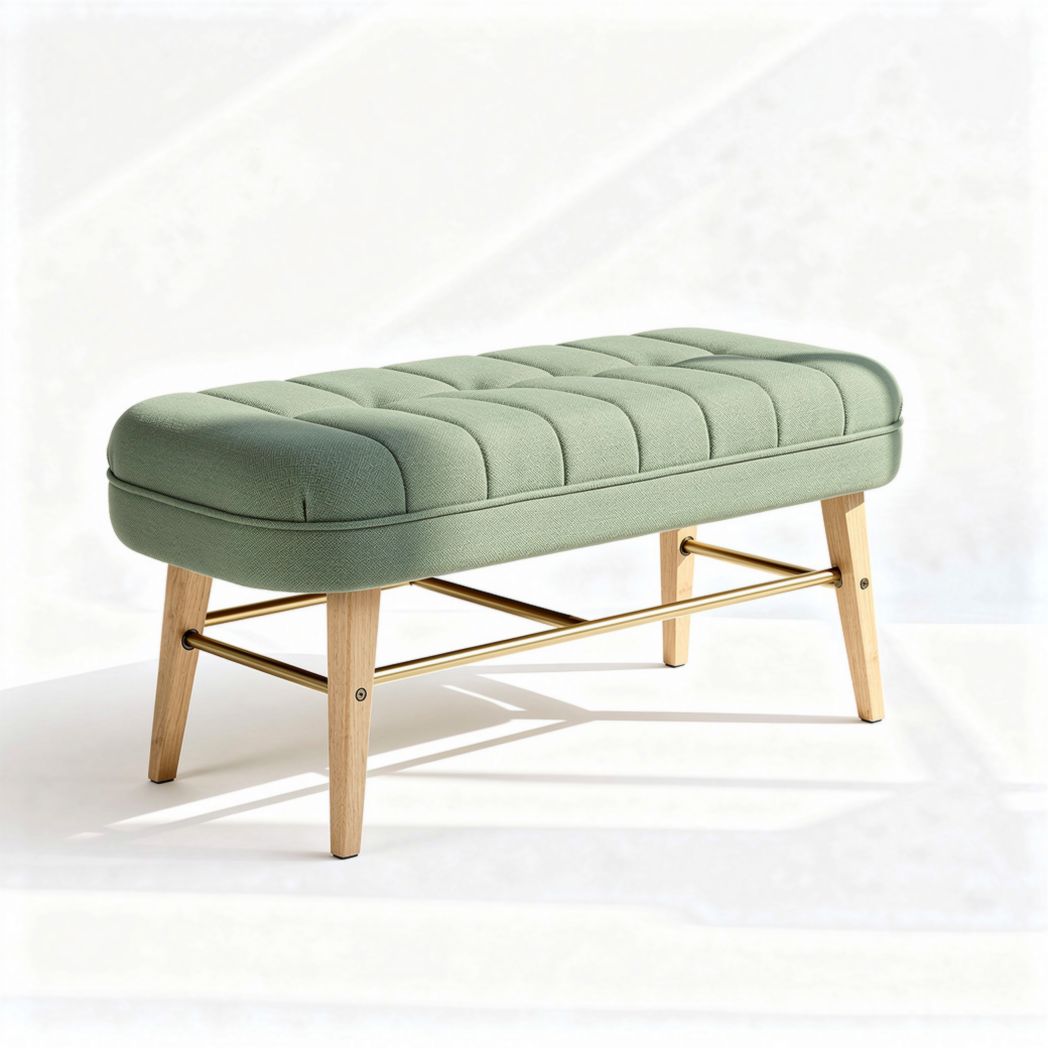 Green upholstered bench with wooden legs and metal frame 100 x 40 x 45cm