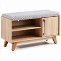 Wooden storage bench with gray cushioned top and two shelves 100 x 40 x 45cm