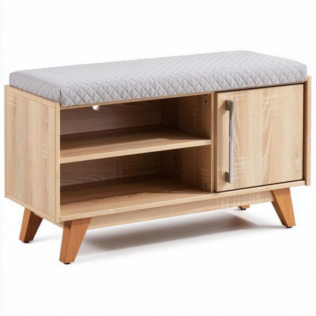 Wooden storage bench with gray cushioned top and two shelves 100 x 40 x 45cm