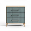 Rustic yellow wooden dresser with three drawers and black metal handles