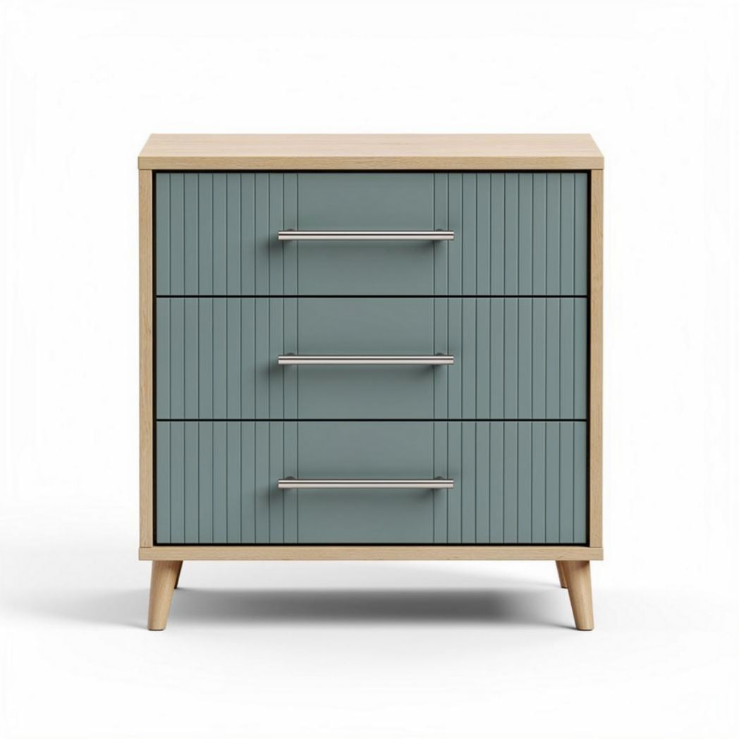 Rustic yellow wooden dresser with three drawers and black metal handles