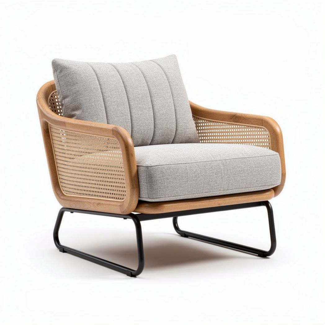 Wooden and metal frame lounge chair with removable cushion in gray fabric