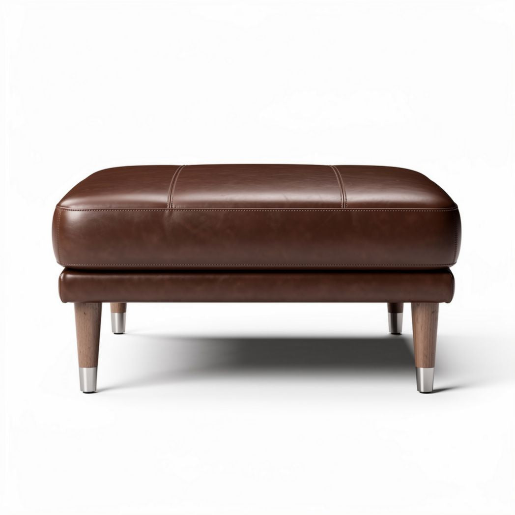 Leather tufted ottoman in orange color with wooden legs 60 x 40 x 30cm