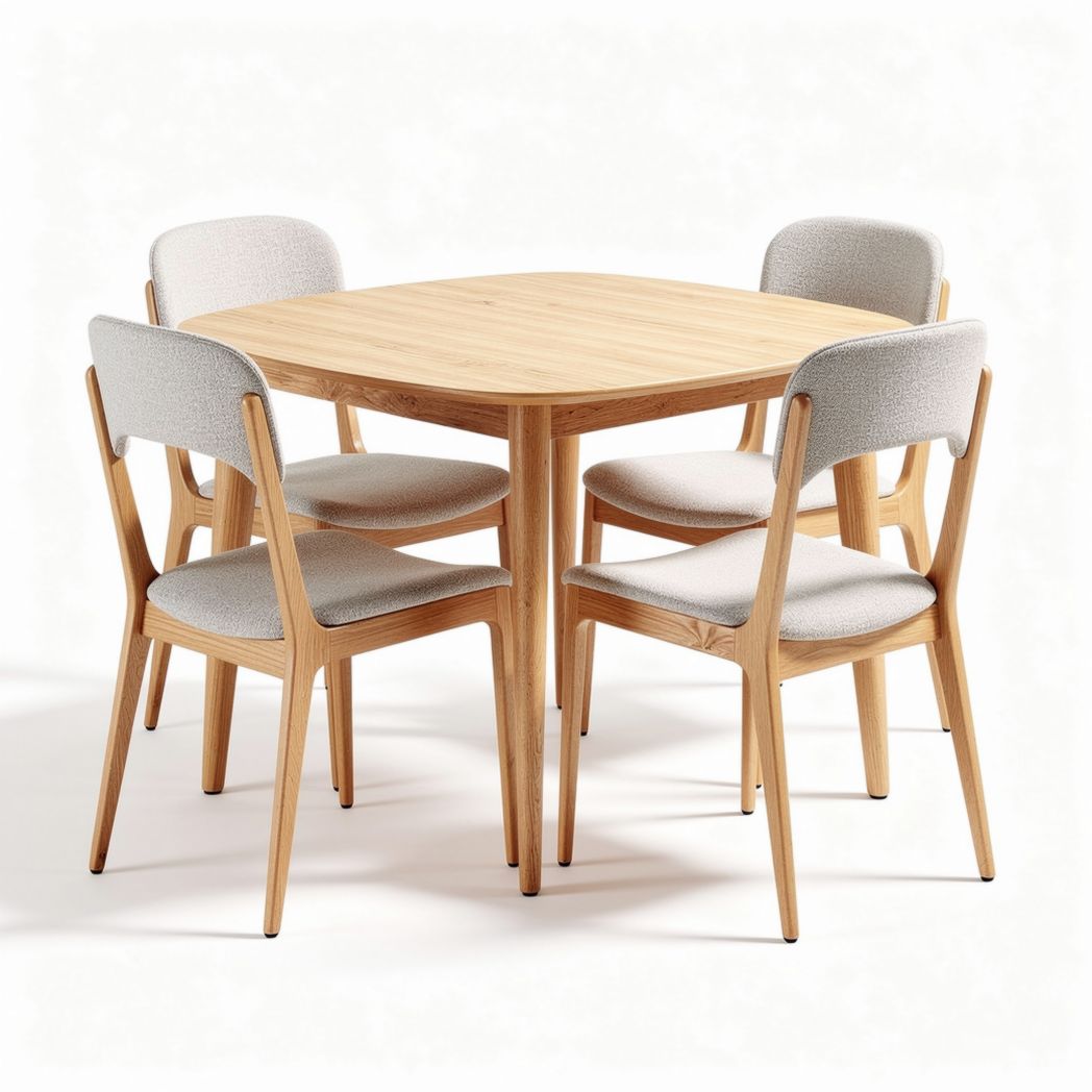 Wooden dining table set with upholstered chairs in natural finish 120 x 120 x 75cm