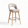 Fabric upholstered bar stool with wooden legs and metallic footrest 45 x 45 x 85cm