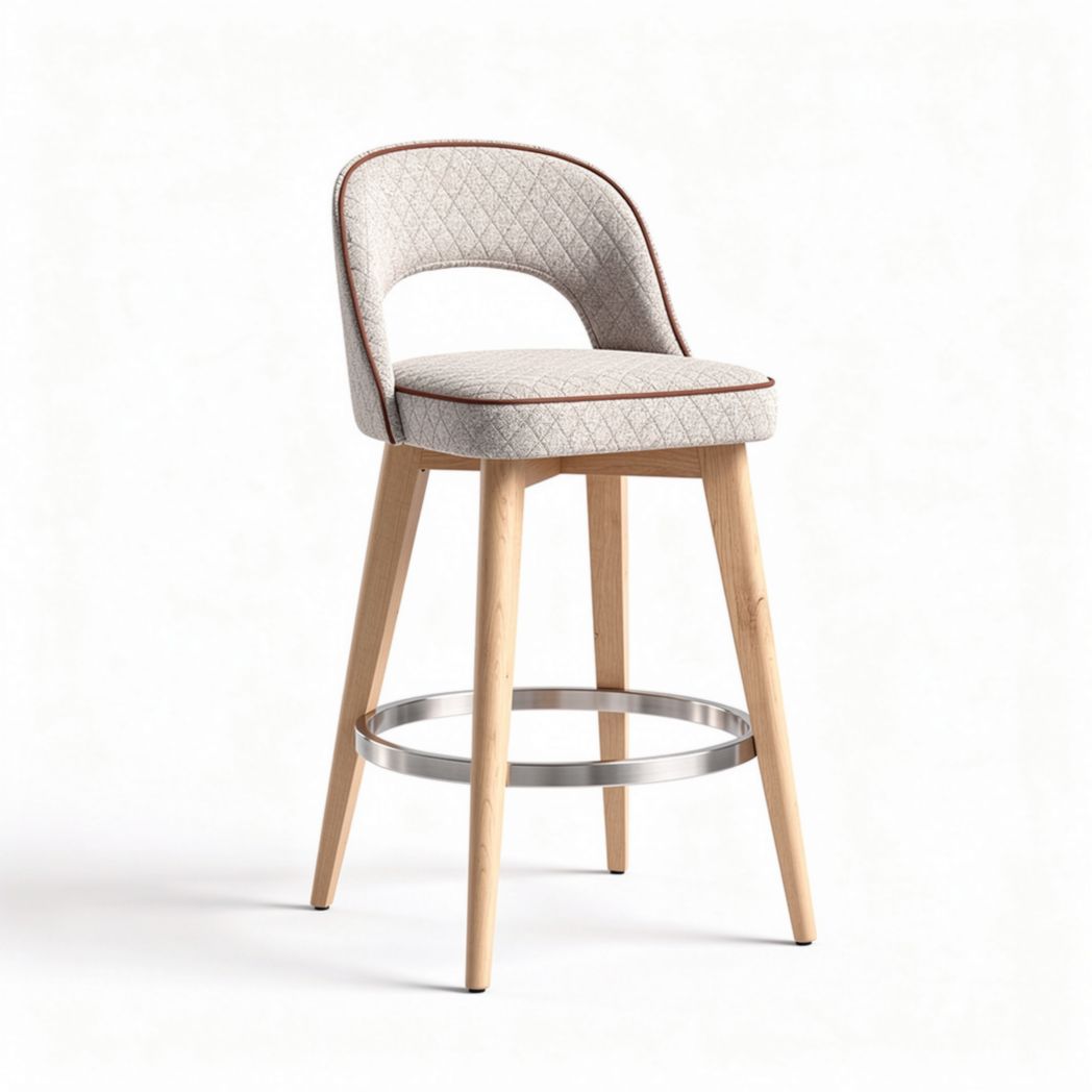 Fabric upholstered bar stool with wooden legs and metallic footrest 45 x 45 x 85cm