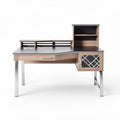 Corner computer desk with storage shelves and metal legs in oak finish 120 x 60 x 75cm