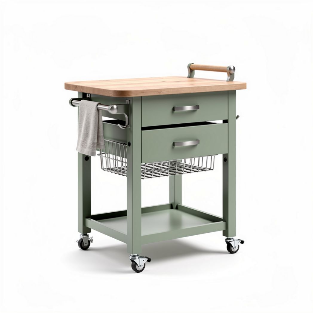 Kitchen cart with wooden top and storage drawers in sage green 80 x 60 x 90cm