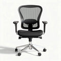 Black ergonomic office chair with adjustable height and chrome base