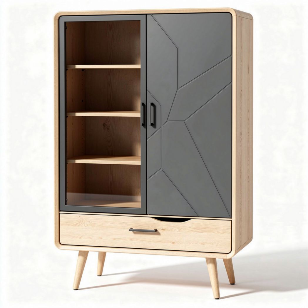 Modern storage cabinet with geometric pattern doors in wood and gray finish 80 x 40 x 120cm