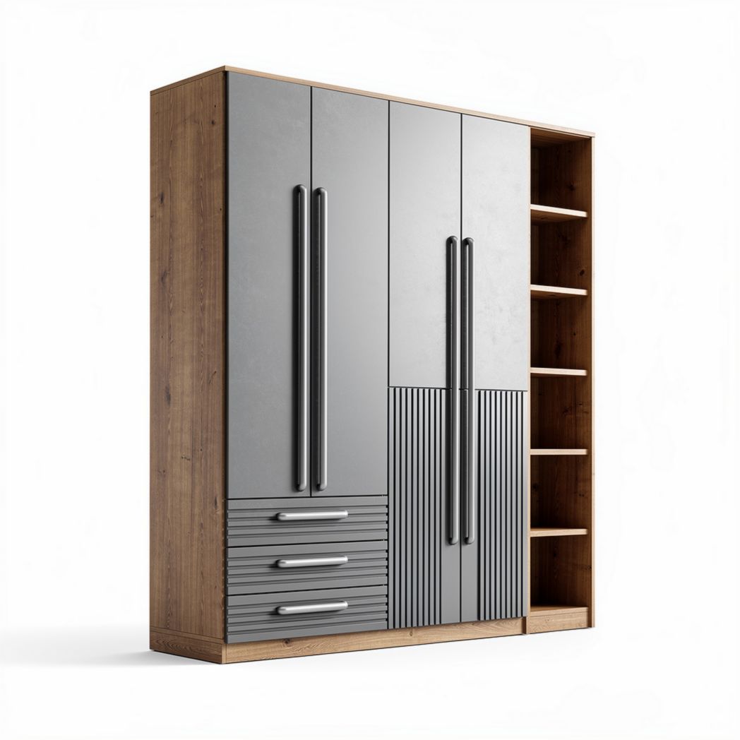 Modern wardrobe with multiple storage options in gray and wood finish 180 x 45 x 210cm