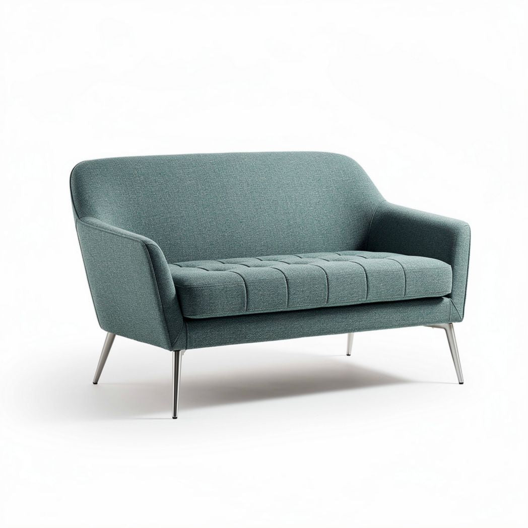 Two-seater sofa in blue fabric with metal legs measuring 150 x 80 x 85cm