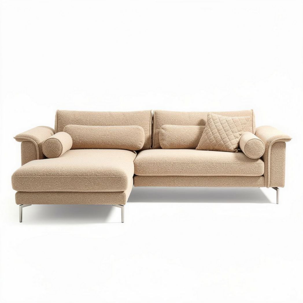 Gray upholstered sectional sofa with accent pillows 200 x 90 x 80cm