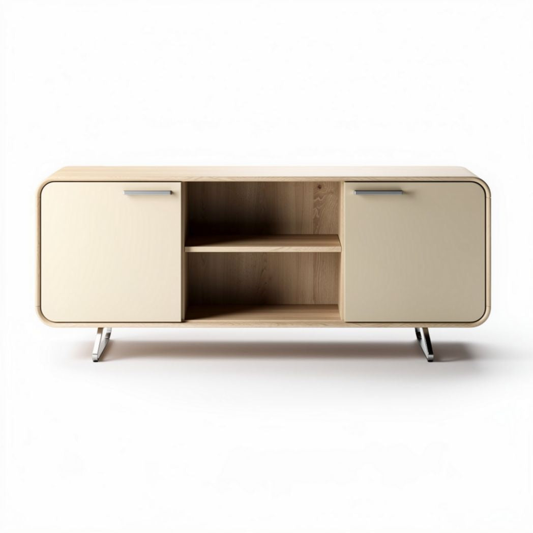 Modern media console cabinet in light wood finish with two doors and open shelving 120 x 40 x 50cm
