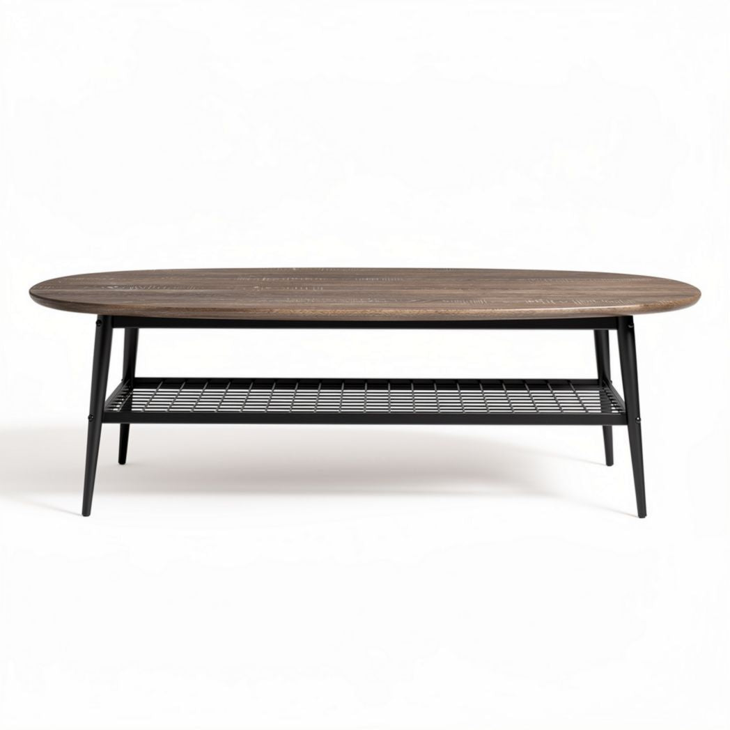 Wooden coffee table with black metal legs and lower storage shelf 120 x 60 x 45cm