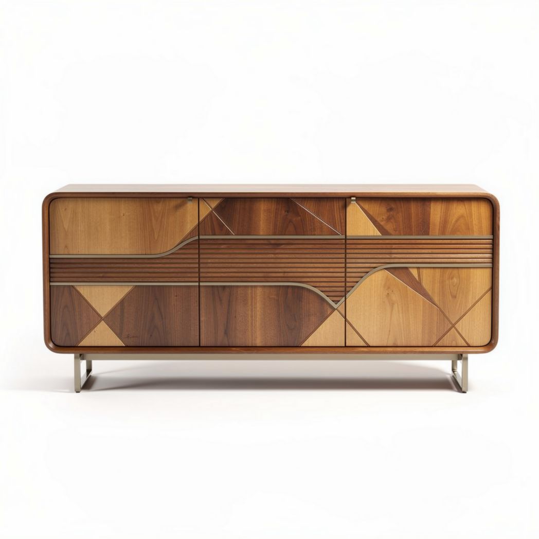 Wooden sideboard with geometric patterns and metal legs 120 x 40 x 75cm